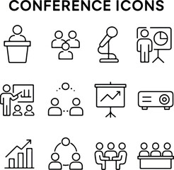 Conference Vector Icon Set – Adjustable Line Weight | Speaker, Podium, Audience, Presentation, Seminar, Networking Icons with white background