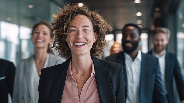 Smiling businesswoman with diverse team. Confident professional leading the way. Collaboration & success. Positive leadership. #Business #Teamwork