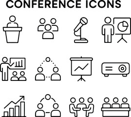 Conference Vector Icon Set – Adjustable Line Weight | Speaker, Podium, Audience, Presentation, Seminar, Networking Icons with white background