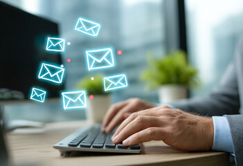 Man types on keyboard as email icons float. Concept for marketing, design, or editorial use in business, technology, and communication.