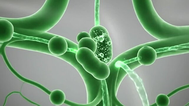 Green spheres and capsuleshaped objects connected by thin strands on a gray background