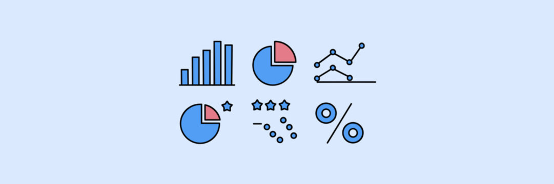 Blue statistical analysis icons on white background &ndash; Suitable for reports, data science visuals, or corporate websites.