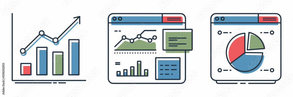 Poster data analytics icons with graphs, dashboards, and pie charts – ideal for business intelligence tools