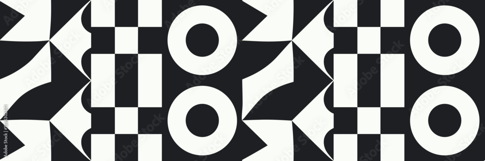 Aufkleber seamless black and white abstract pattern with circles squares and triangles in grid – suitable for 