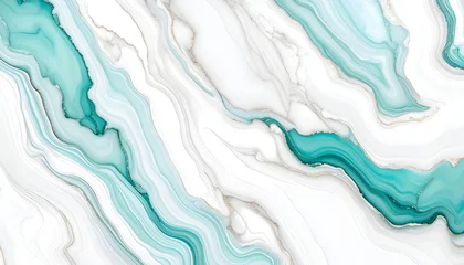 Acrylglasbilder Kristalle Abstract marbled artwork with fluid teal, turquoise, and white waves intertwined with gold veining, forming a graceful and harmonious texture  © Cortex