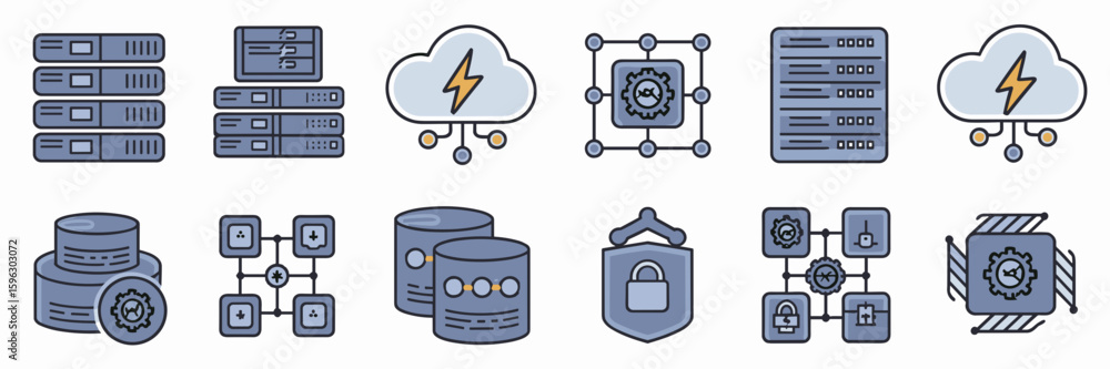 Aufkleber vector icon set representing cloud hosting, servers, and data security