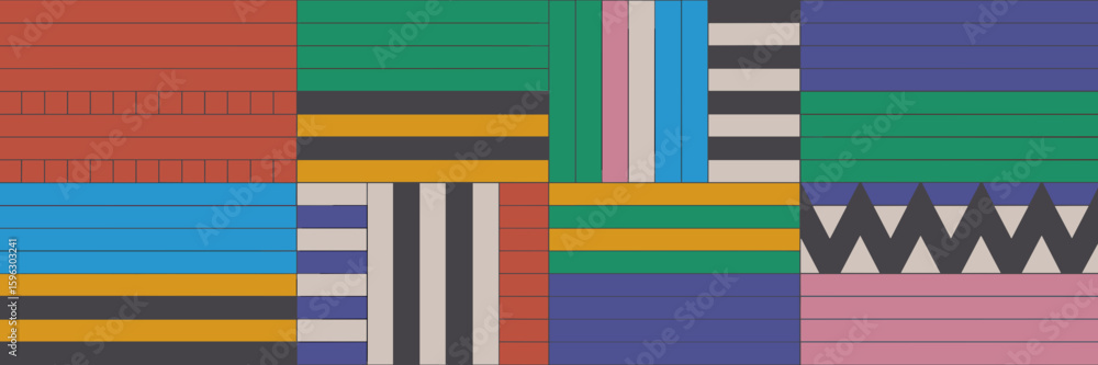 Poster colorful grid pattern with horizontal vertical and diagonal stripes in red blue yellow green and pur