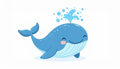 Cute Cartoon Whale with Splash and Smile Isolated on White Background