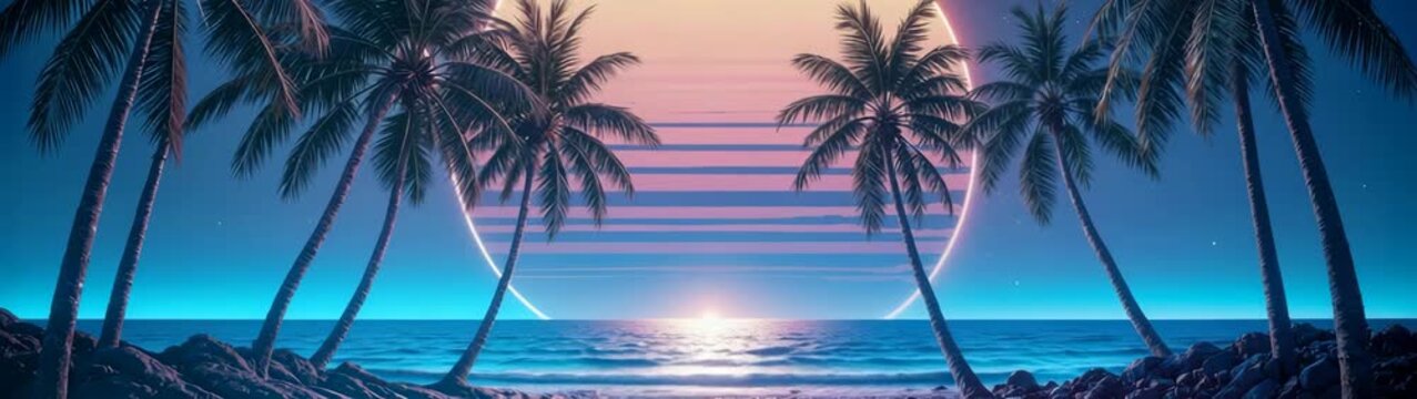 Glowing neon sun setting behind palm trees, creating a vibrant synthwave landscape filled with retro colors.