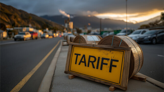 A yellow warning sign with "TARIFF" stenciled in black stands on the side of a road with blurred industrial elements and mountains in the background. - Powered by Adobe