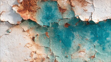 Close-up of weathered wall with peeling paint and rust. The surface texture is captivating with hints of blue, white, and aged imperfections.