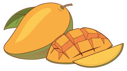 Realistic mango with smooth orange-yellow gradient and natural blemish details, white backdrop.

