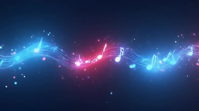 Dynamic 4K neon animation tracing glowing red and blue musical notes that pulse to unseen beat black ideal concert intros streaming stingers energetic playlist
