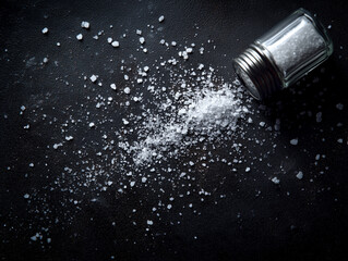 Salt Spilled from Shaker &ndash; Flat Lay on Dark Surface