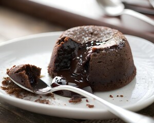 Delicious warm chocolate lava cake with molten center and spoon
