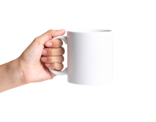 Hand holding a ceramic coffee mug with matte finish