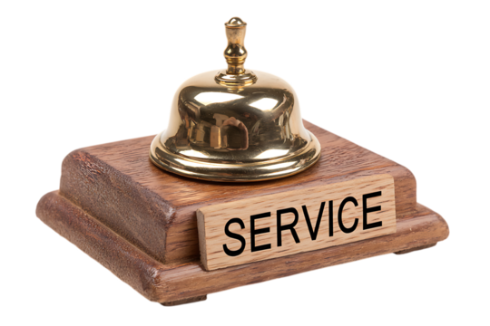 Elegant Service Bell on Wooden Base Promoting Customer Care and Hospitality Solutions for Business Needs and Hotel Industries
