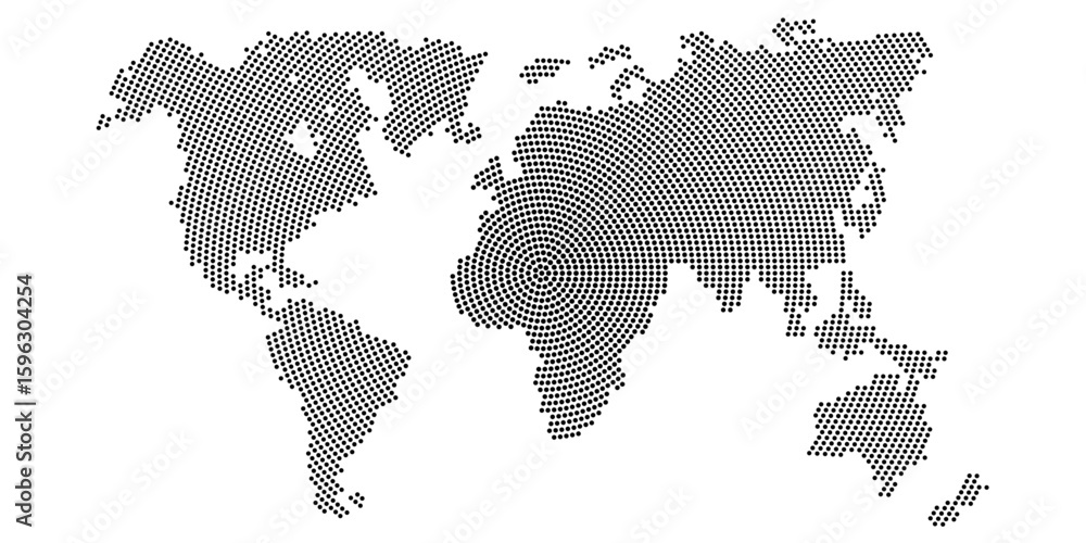 Poster abstract dotted world map. halftone pattern globe silhouette with black circular dots on white backg