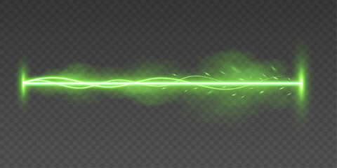 Electric green energy beam with dynamic sparks and fog effect on a dark transparent background. Horizontal lightning with glowing particles. High-voltage bolt. Vector illustration.