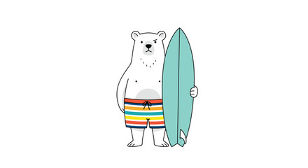 Adorable polar bear in striped swim trunks holding a surfboard ready for ocean waves