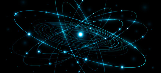 Abstract atomic structure concept for scientific research presentation. Glowing atom featuring blue elliptical rings circling a radiant central core on black background. Vector illustration.