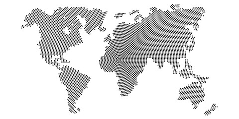Abstract dotted world map. Halftone pattern globe silhouette with black circular dots on white background. Minimalist global concept for tech, network and infographic design. Vector illustration.
