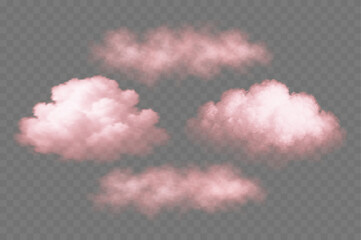 Set of realistic pink fluffy clouds with fog effect on transparent background. Soft pastel vapor shape for dreamy, romantic, weather or fantasy designs. Vector illustration.