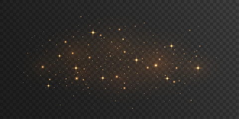 Magical golden dust with glowing particles and sparkling stars on dark transparent background. Stardust effect. Festive glitter lights for holiday or fantasy design. Vector illustration.