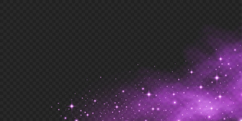 Abstract magical purple fog with glowing dust and sparkling stars on dark transparent background. Stardust effect. Glitter lights for holiday or fantasy design. Vector illustration.