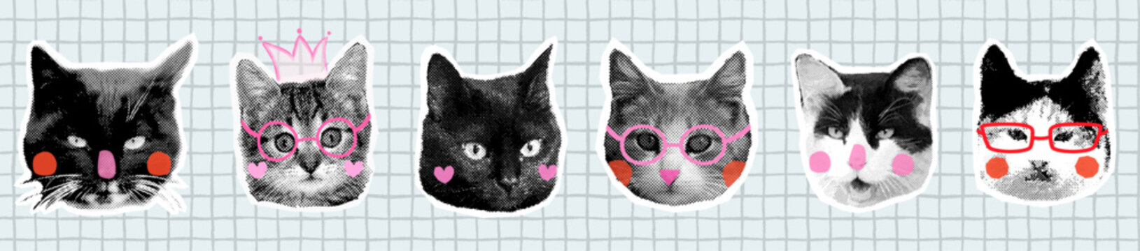 Funny cat faces vector halftone collage set, Funky half tone animal kitty head graphic elements, modern pop style design