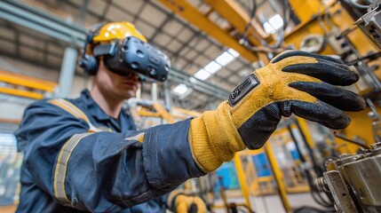Technician using VR headset for equipment maintenance in industrial environment, wearing safety gear and gloves. Advanced technology in manufacturing.