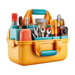 Cartoon toolbox with tools on white and transparent background.