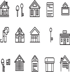 Various line art icons depicting houses keys and real estate related symbols on a white background
