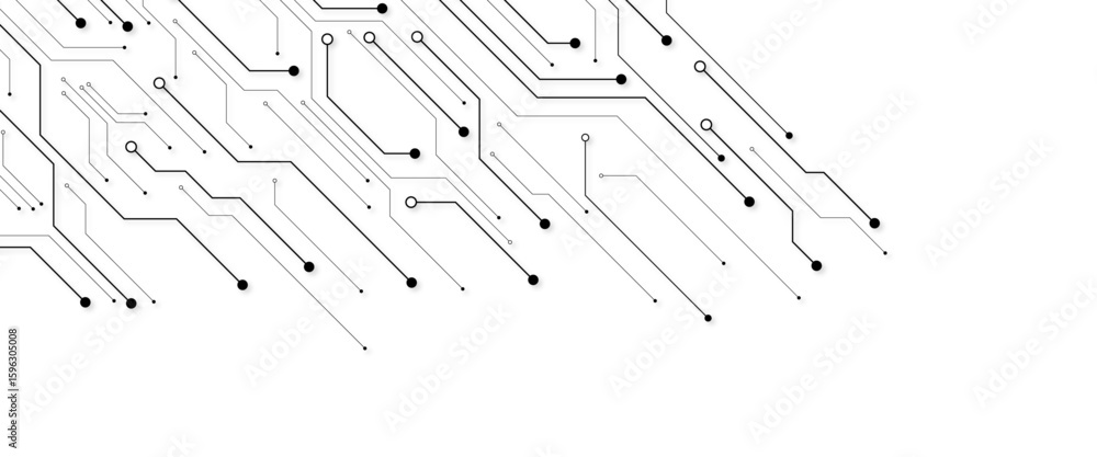 Poster vector technology connected white lines and dots with electronics elements on tech bg. digital techn