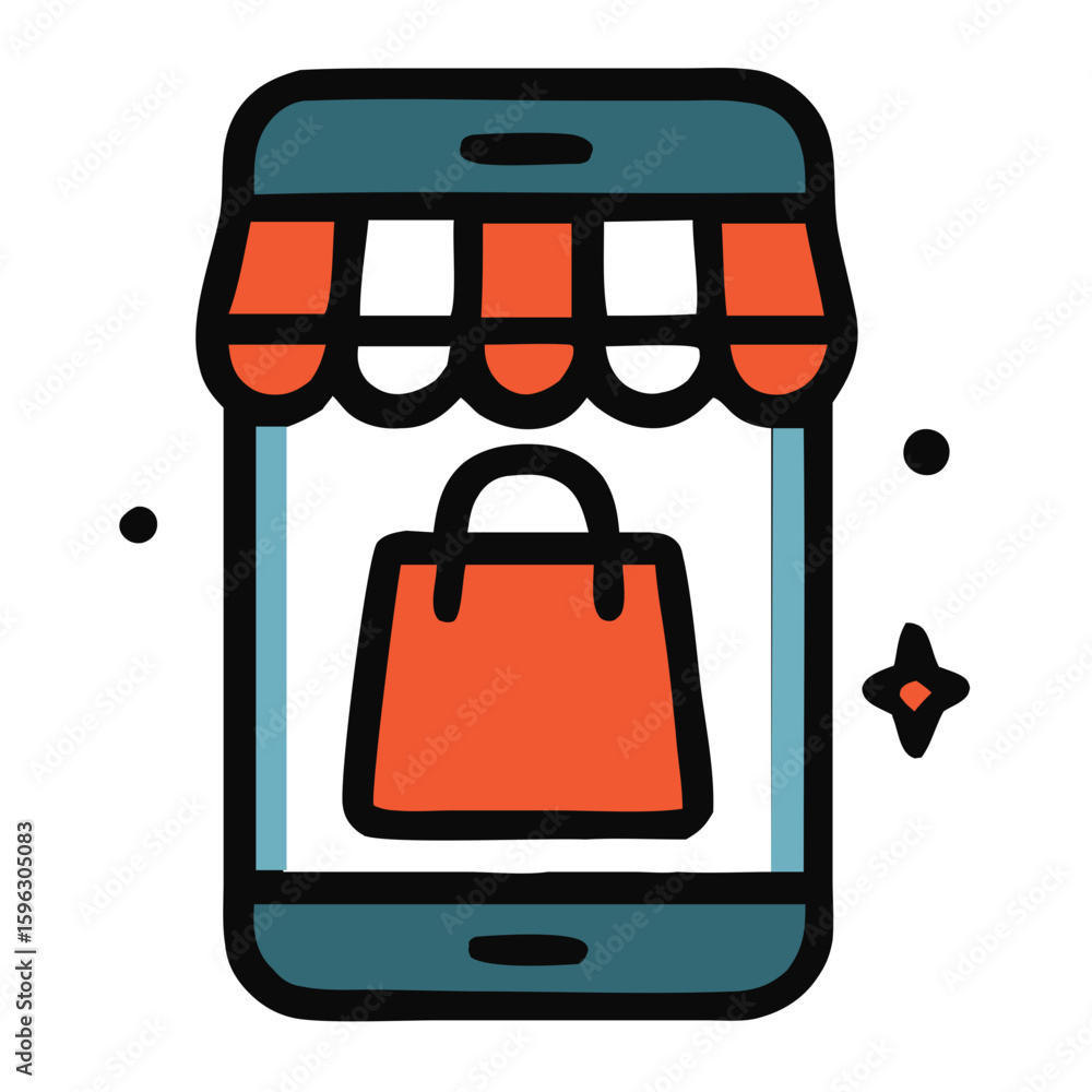 Poster flat style mobile shopping bag store app interface element icon