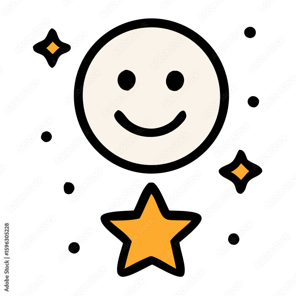 Poster simple flat smiling face with star and sparkle shape icon design