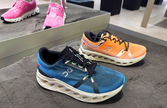 BANGKOK ,THAILAND  July 15, 2025 : On Cloud Running shoes on display at a running shoe specialty store. On is a Swiss Company at siam paragon department store
