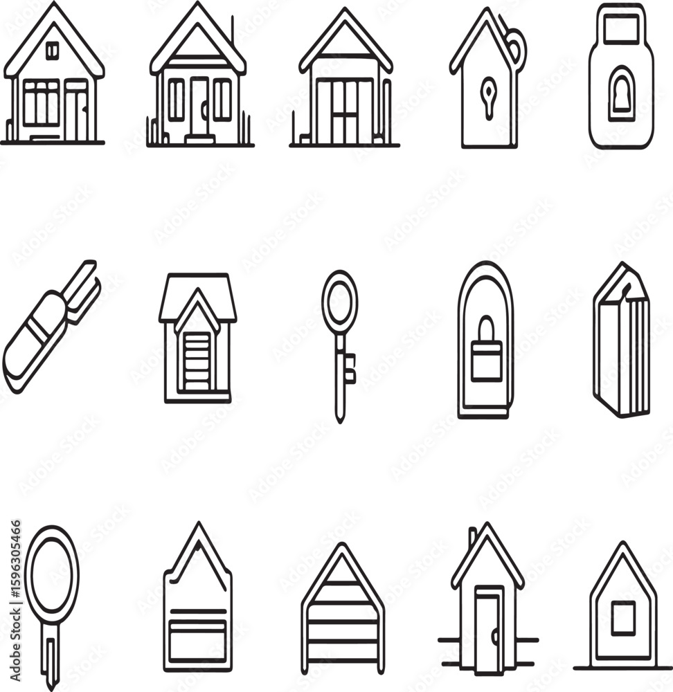 Poster a collection of line art icons depicting houses keys and locks in a simple minimalist style design
