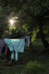 Washed laundry is drying outside under a tree on a drying rack. The sun is shining through the leaves of the tree