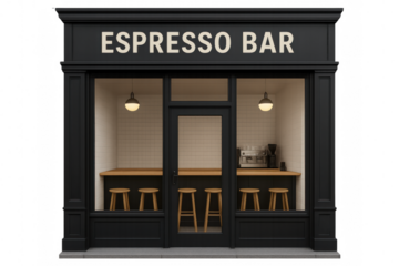 Modern espresso bar building facade with transparent background, featuring a coffee machine, counter, stools, and signage