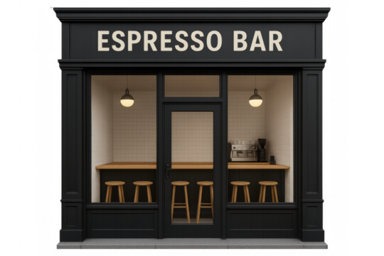 Modern espresso bar building facade with transparent background, featuring a coffee machine, counter, stools, and signage