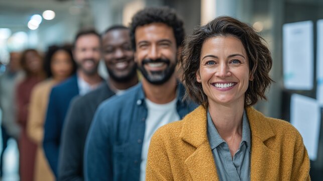 Diverse professionals stand together, smiling confidently. A warm, inclusive team, ready for success and representing diverse perspectives.