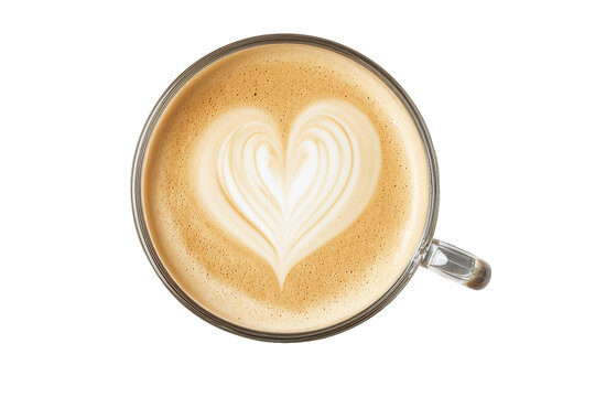 Top View Latte Coffee with Heart Art in Glass Cup, isolated on white transparent background