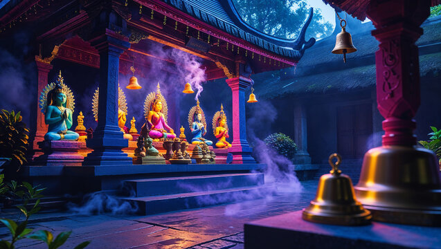 Vibrant meditation scene featuring colorful buddha statues and traditional asian architecture