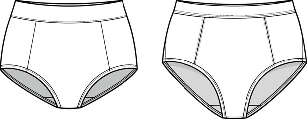 Flat technical drawing of women's underwear brief, front and back view, seamless cad vector illustration, fashion lingerie outline sketch