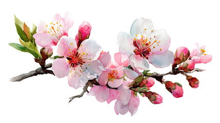 Naklejka premium Delicate Watercolor Cherry Blossom Branch on Black Background Symbolizing Spring and New Beginnings Artistic Illustration for Graphic Design
