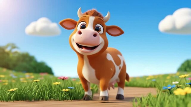 Cute & Happy Cartoon Cow Animal: Friendly Animated 3D Illustration Graphic Character for Farm & Children's Content Design.