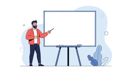 Engaging presentation with a focused instructor pointing to a blank whiteboard displaying informative content