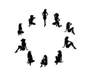 Set of vintage pin-up girl silhouettes, retro fashion model poses in a circle