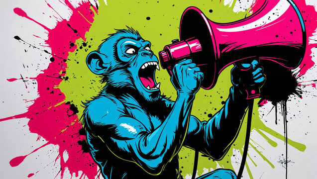 A vibrant pop art illustration of a monkey shouting into a loudspeaker with colorful splashes - Powered by Adobe